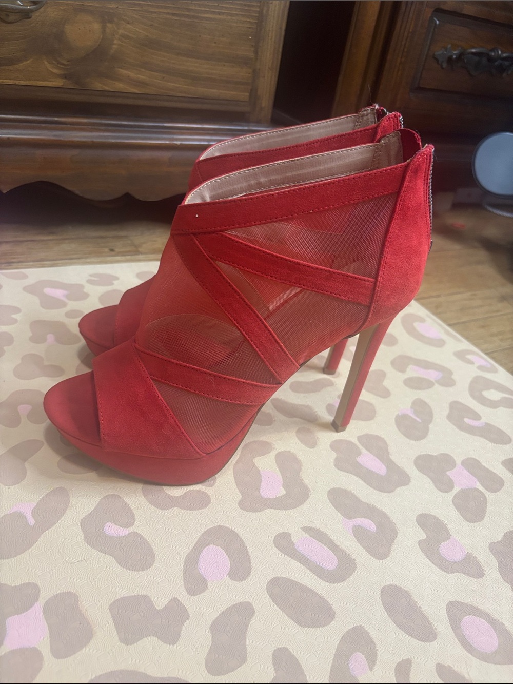 Red Suede Mesh Strappy High Heel Sandals - Women